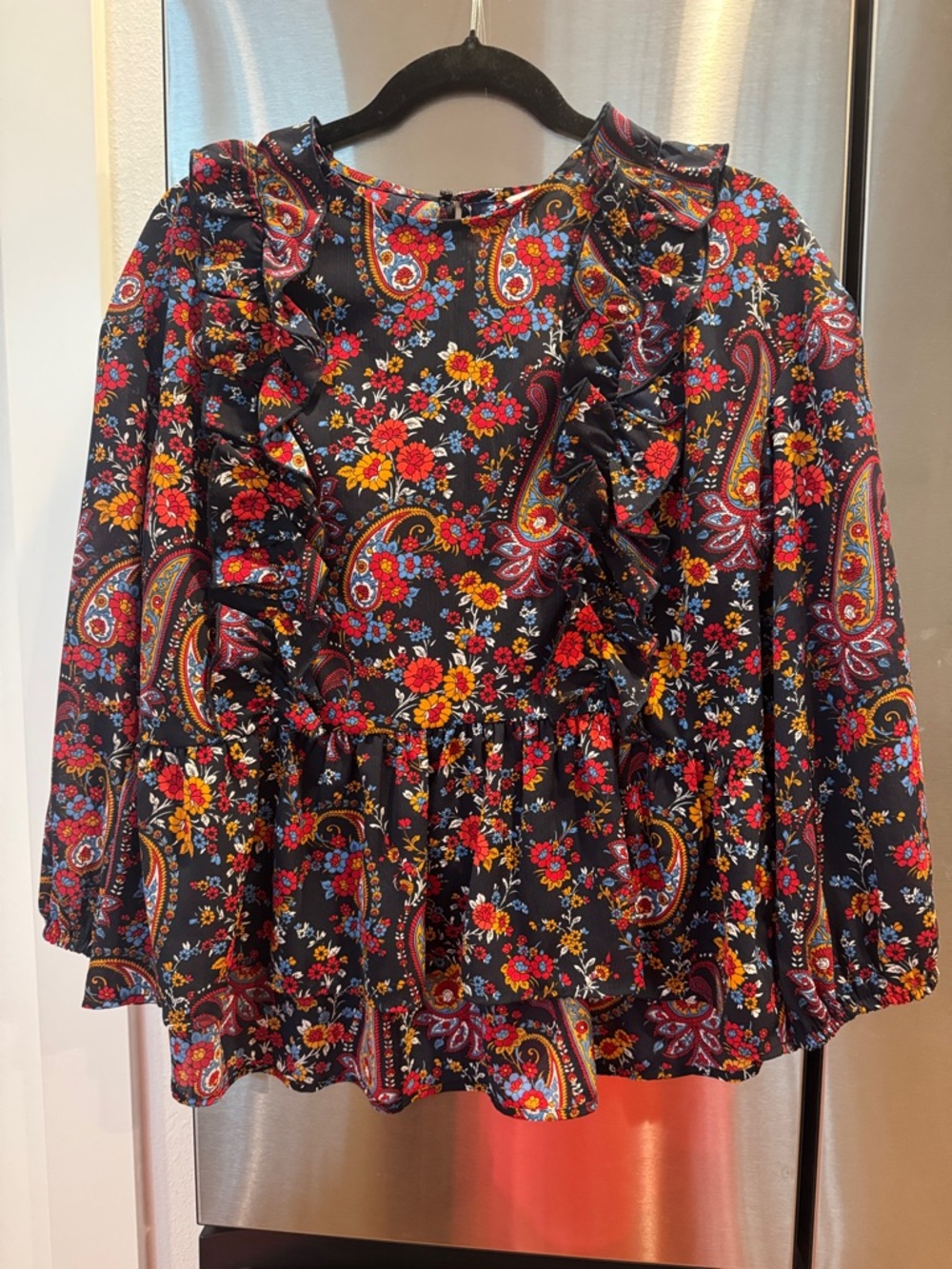 H&M Blue Paisley Floral Ruffle Blouse with Red & Yellow Accents